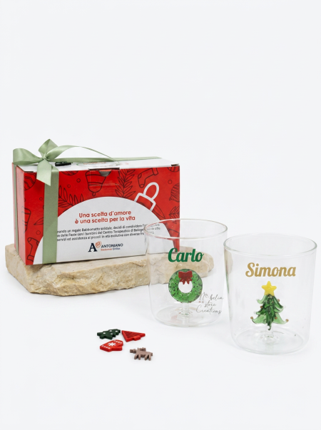 Bomboniera set 2 bicchieri natalizi in vetro Cuorematto personalizzati