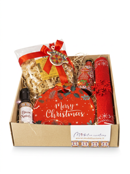 Cofanetto regalo Natalizio "Sicilia in tavola" con pasta, salsa, olio, poggiapentola e tovaglietta