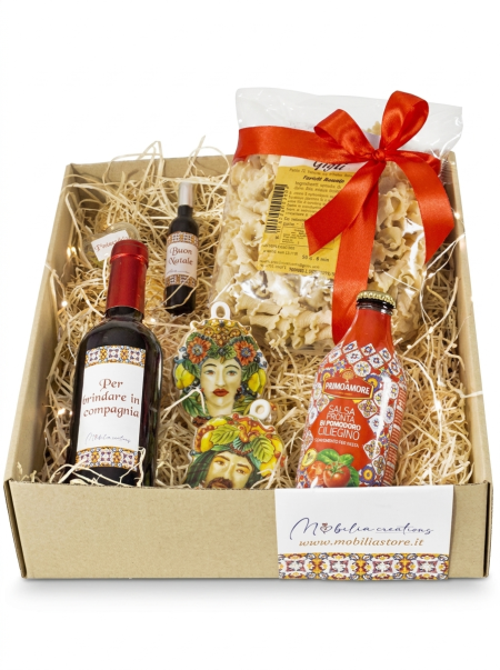 Cofanetto regalo Natalizio "Bontà siciliana" con pasta, salsa, vino e apribottiglie