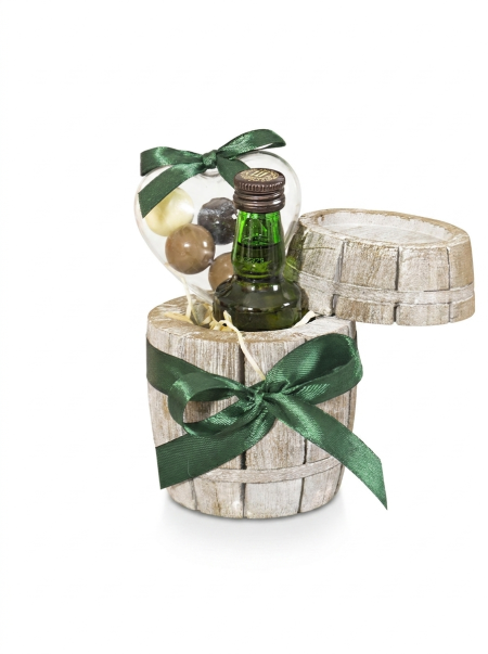 Idea regalo mini liquore con botte in legno e cioccolatini