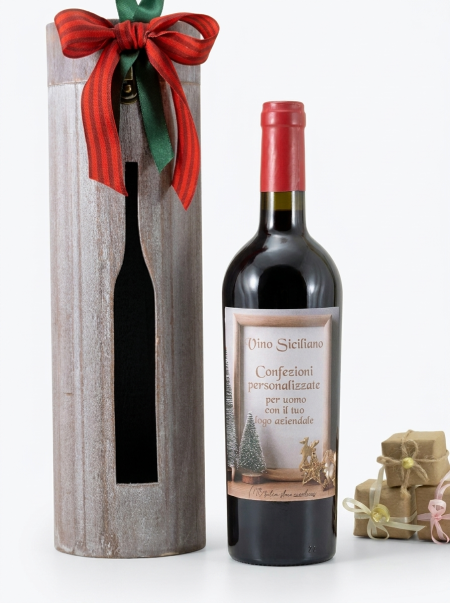 Gadget aziendale uomo bottiglia di vino Siciliano con scatola legno