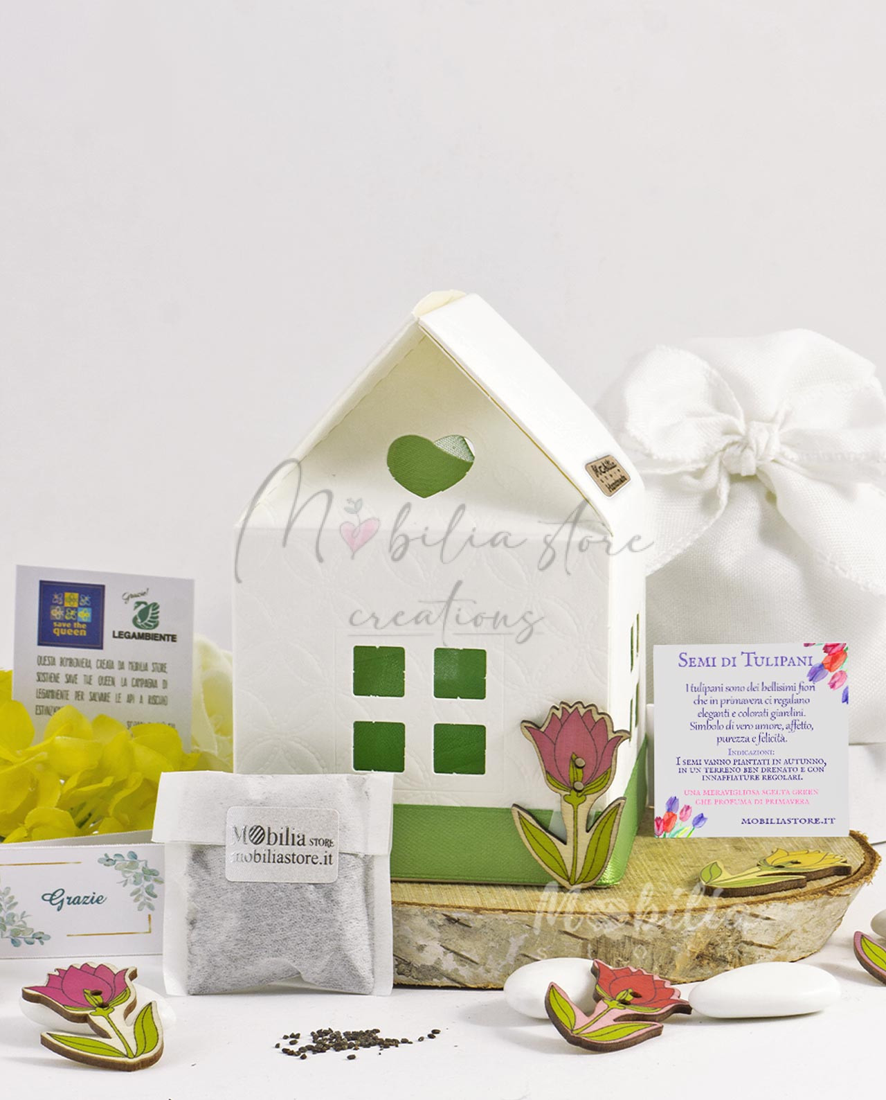Bomboniera Legambiente casetta dell'amore con semi di Tulipano