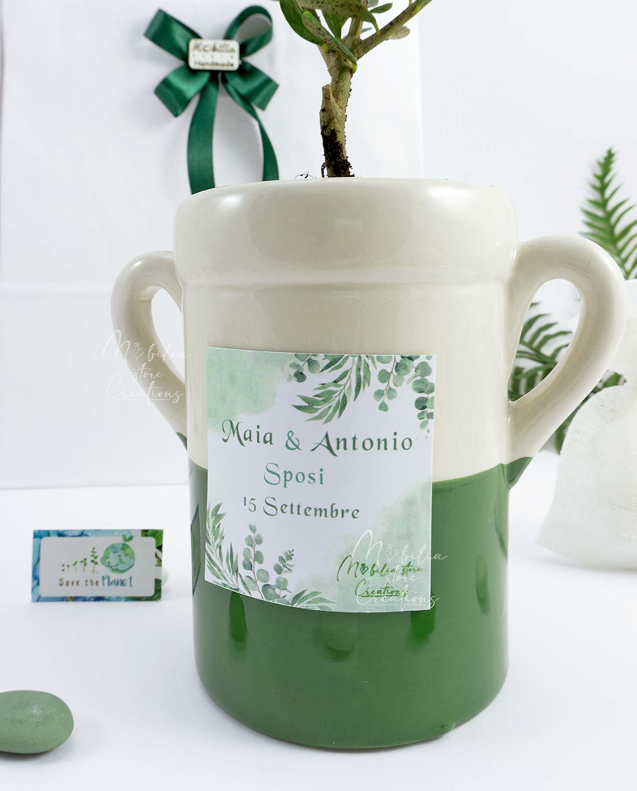Bomboniera piantina di ulivo D 10 cm con orcio e etichetta personalizzata - immagine 3