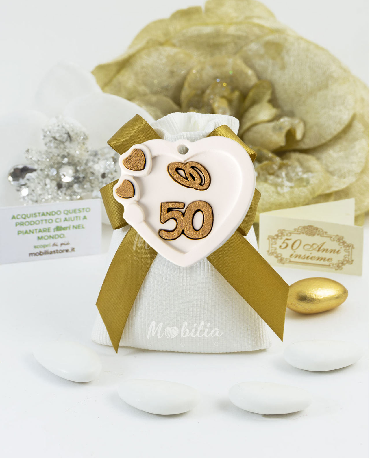Gessetto cuore con 50 su sacchetto con confetti
