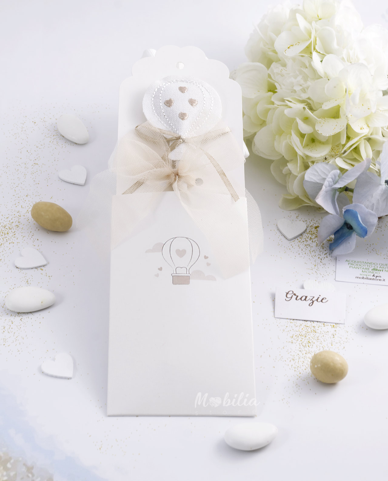 Matita mongolfiera con cuori beige e sacchetto
