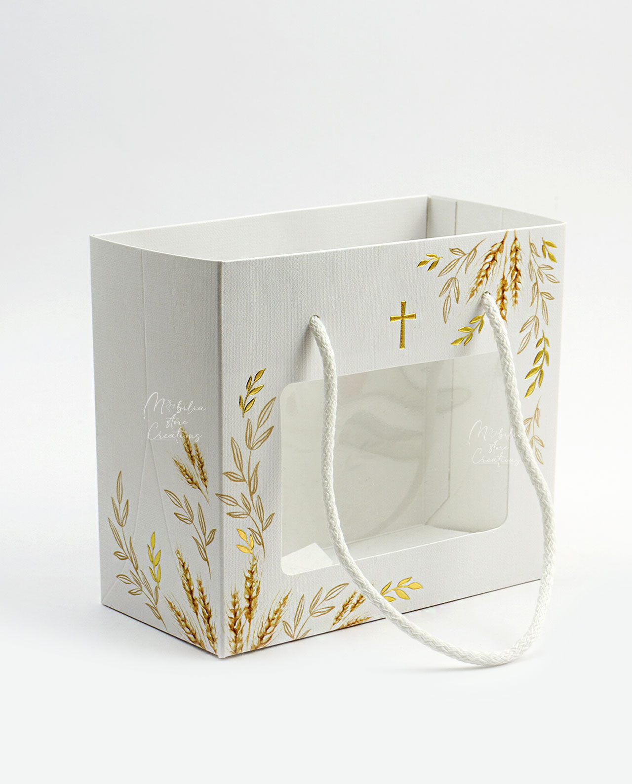 Shopper box in cartoncino con croce e spighe oro