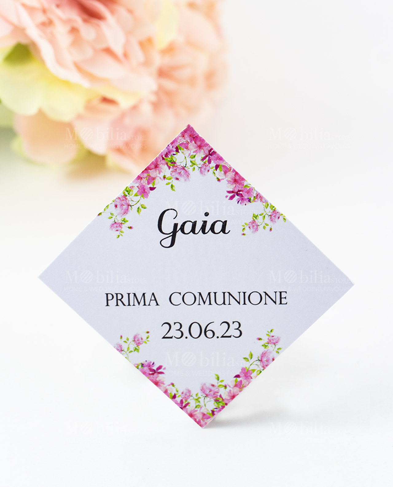 Bigliettino bomboniera rombo con fiori