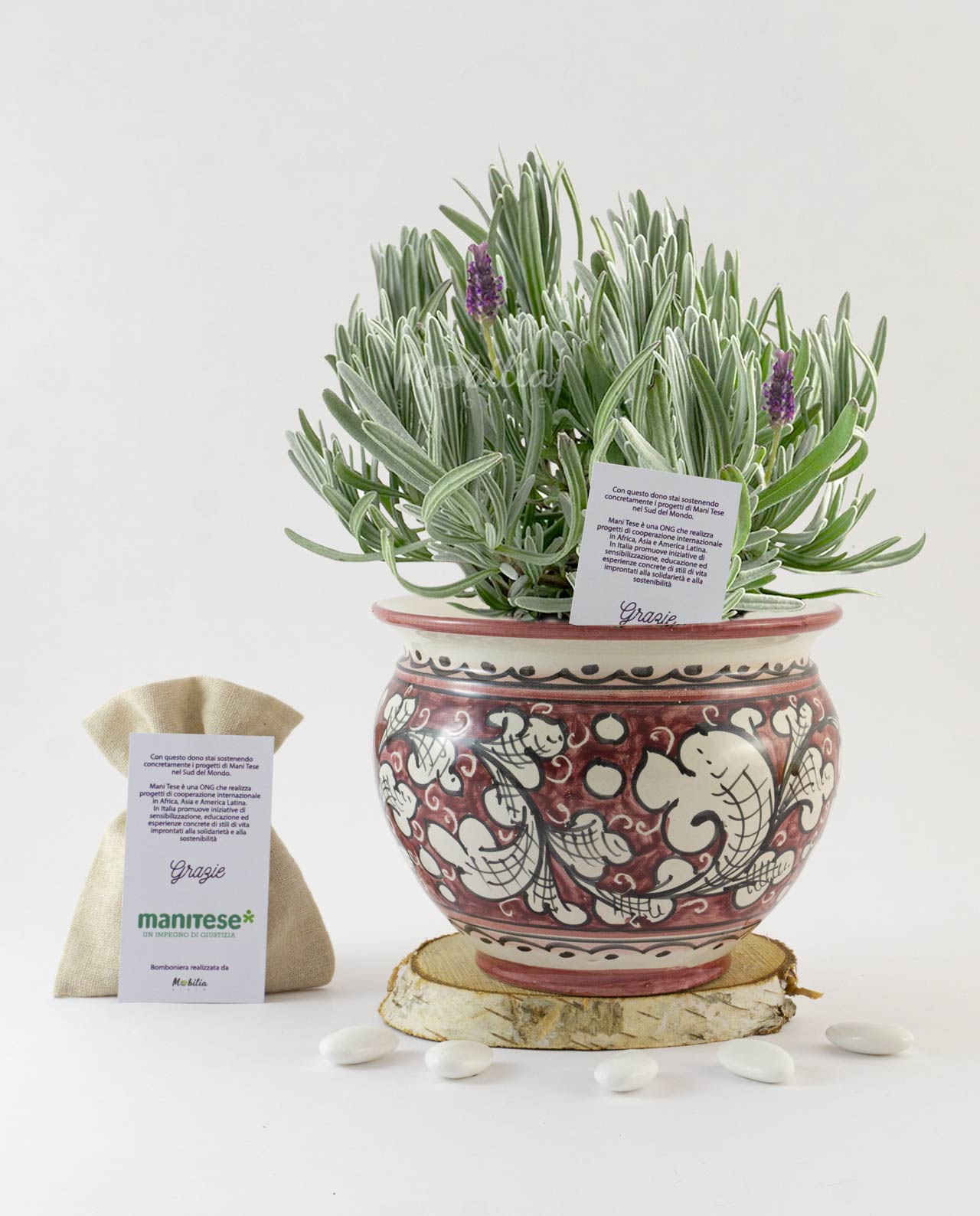 Bomboniera Mani Tese Il Rosmarino country chic con vaso Caltagirone