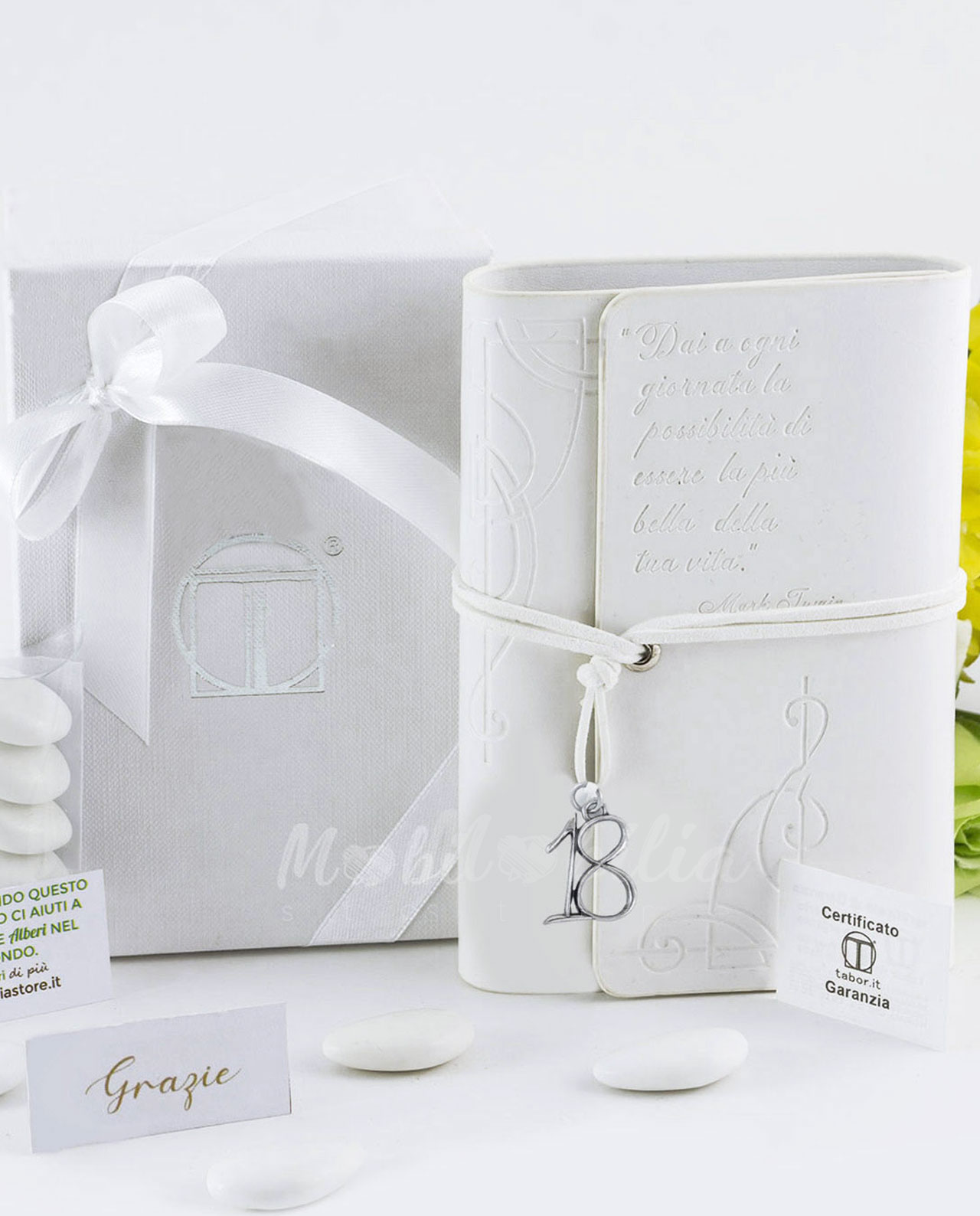 Bomboniera agenda blocco note bianca con ciondolo 18 bagno argento Tabor