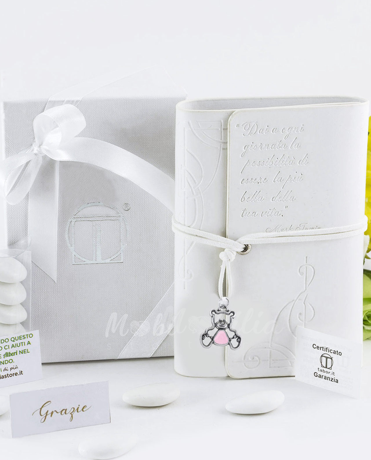 Bomboniera agenda blocco note bianca con ciondolo orsetto rosa bagno argento Tabor
