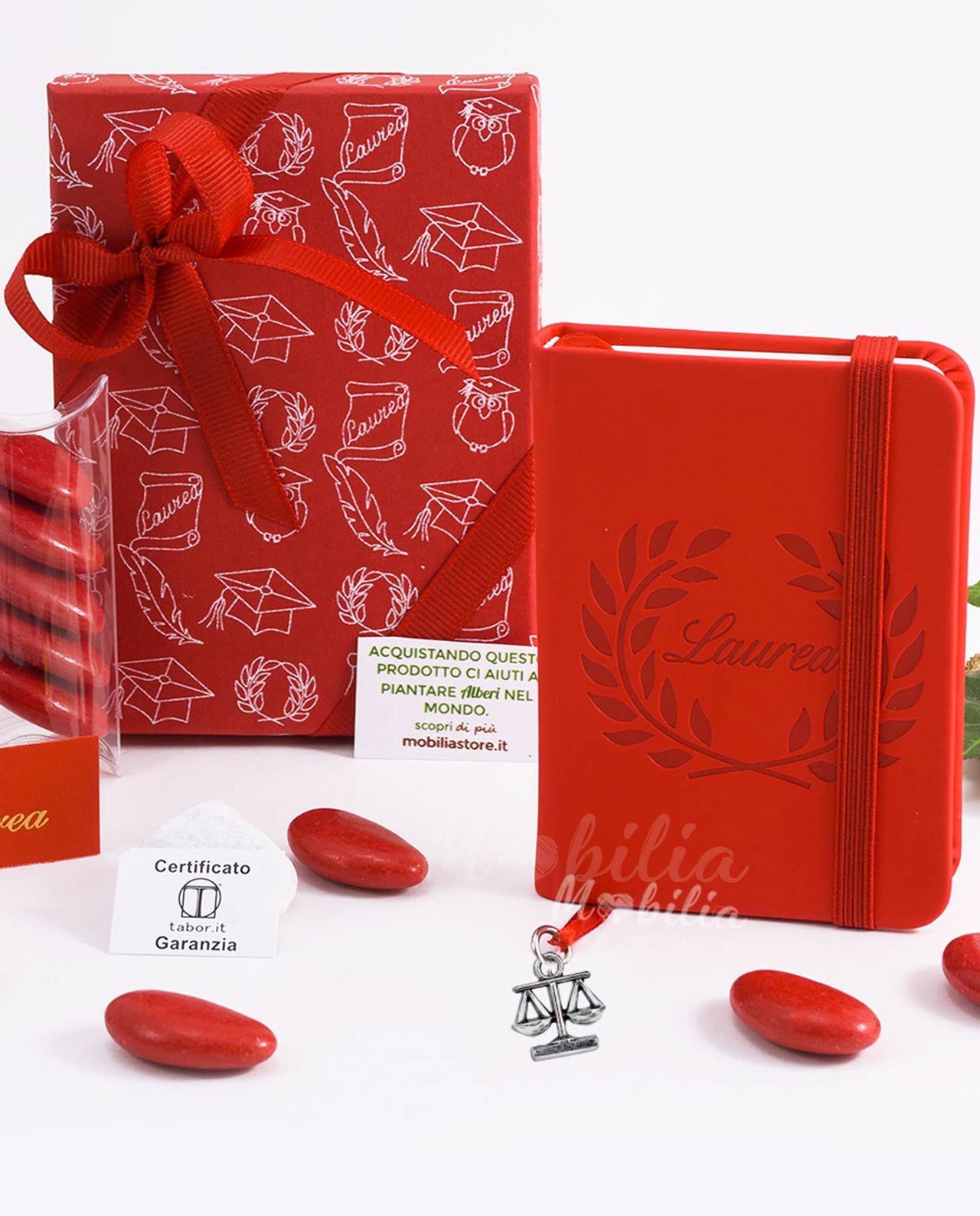 Bomboniera blocco note rosso con ciondolo giurisprudenza bagno argento Tabor