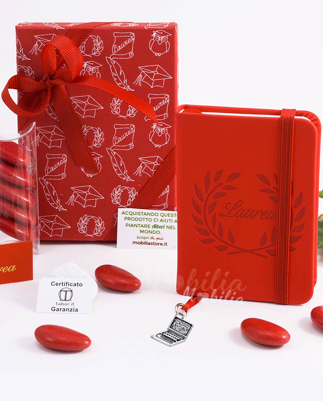 Bomboniera blocco note rosso con ciondolo laurea ingegneria bagno argento Tabor