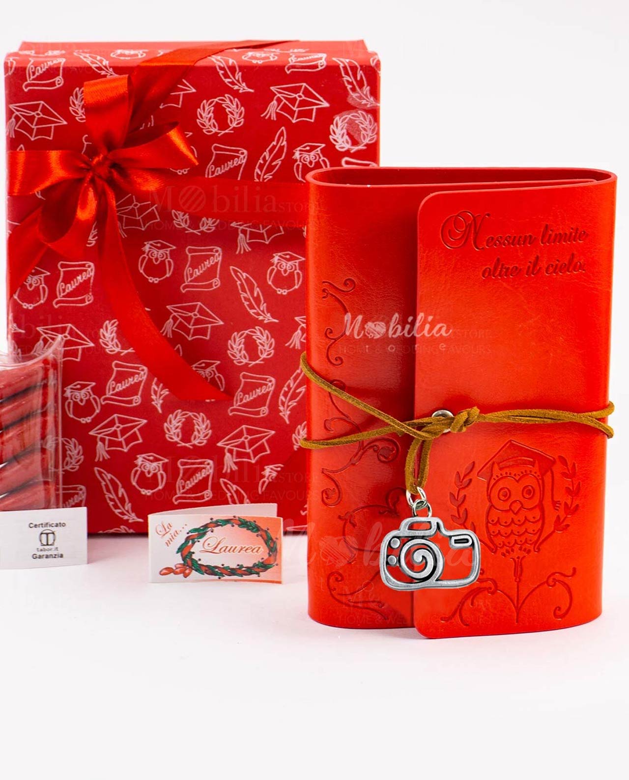 Bomboniera agenda blocco note rossa con ciondolo macchina fotografica bagno argento Tabor