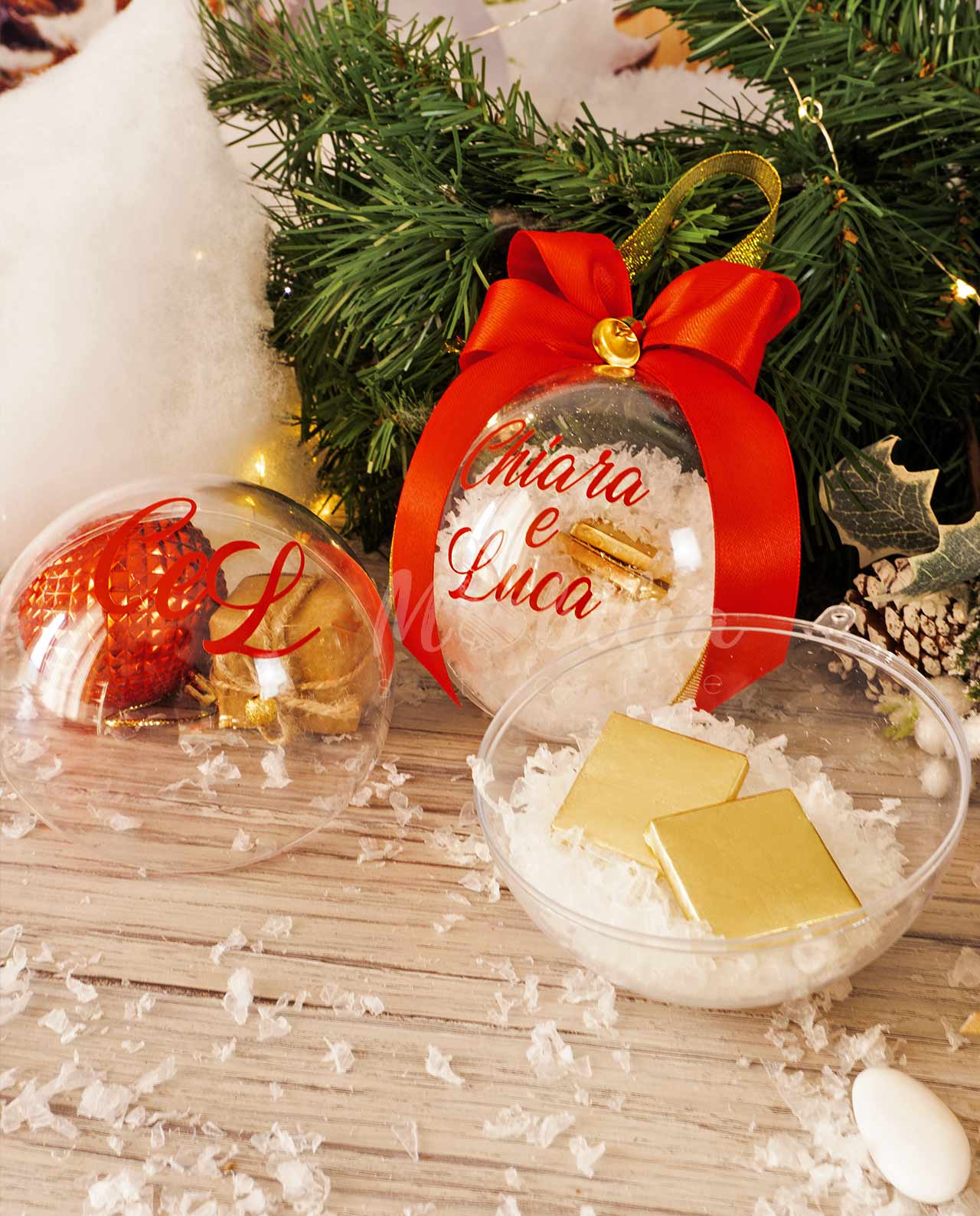 Palla di Natale con scritta personalizzata rossa e confezione regalo