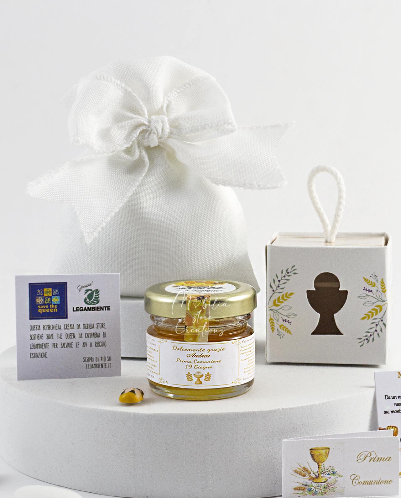 Bomboniera legambiente miele siciliano da 25 gr personalizzabile e scatolina calice eucaristico
