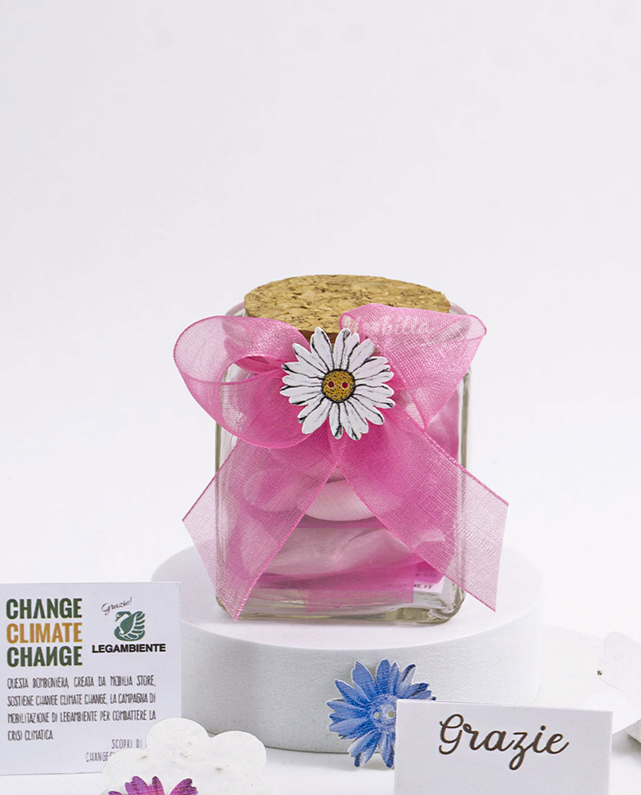 Bomboniera Legambiente barattolo con coriandoli da piantare fiore e fiocco rosa
