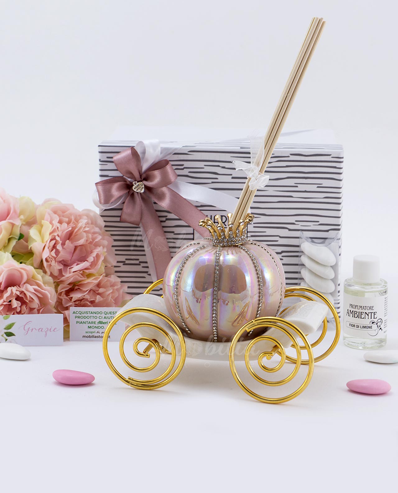 Bomboniera carrozza profumatore con strass colori assortiti