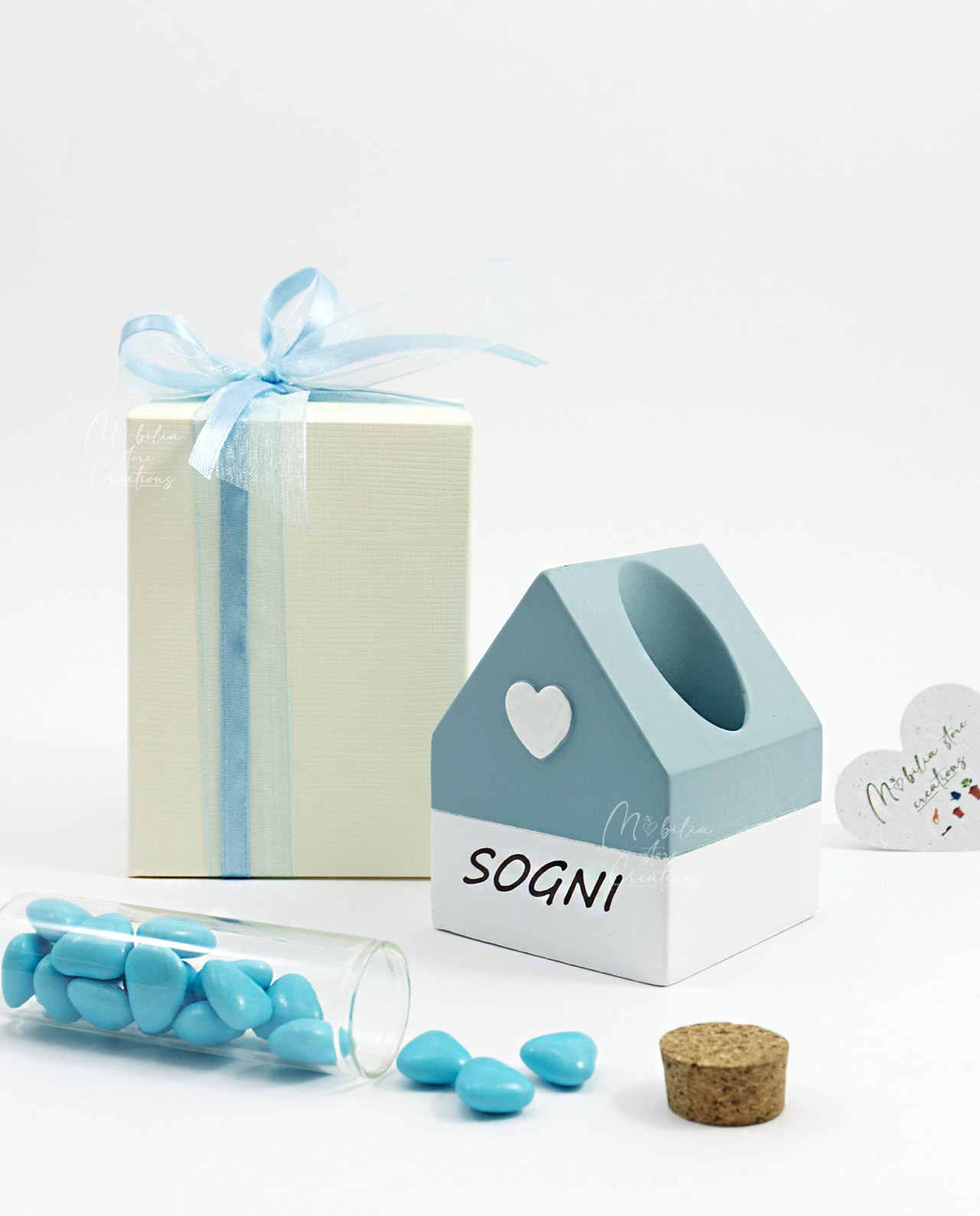 Bomboniera Casetta azzurra con provetta assortita