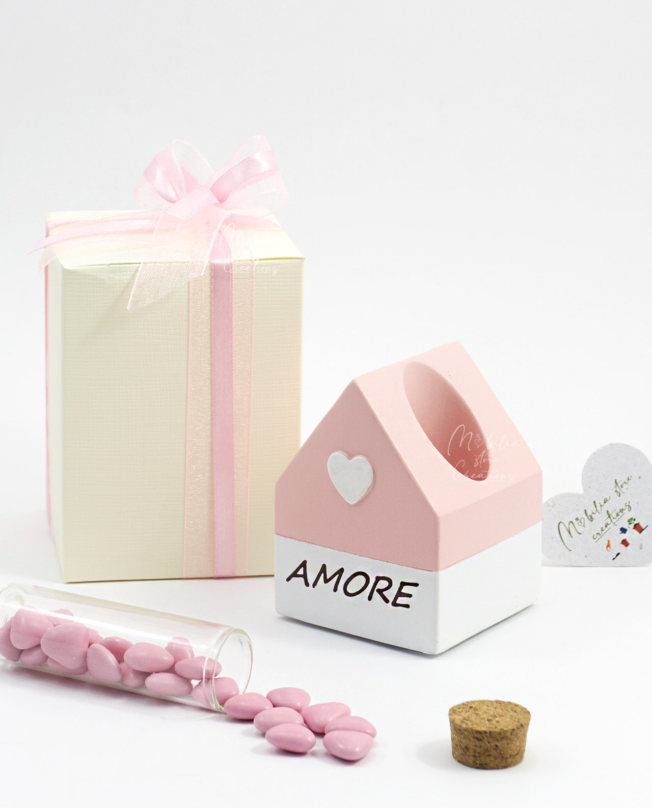 Bomboniera Casetta rosa con provetta assortita