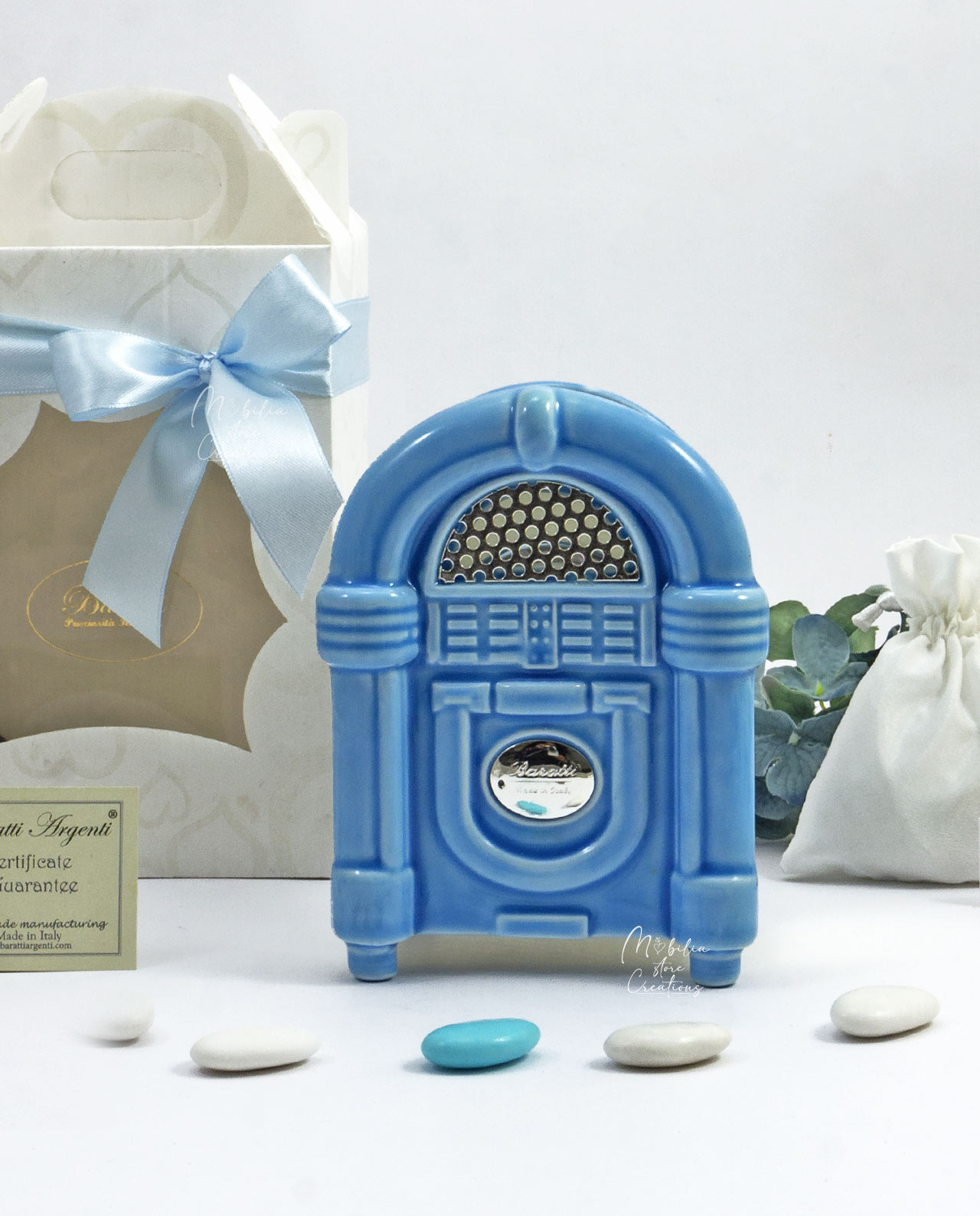 Bomboniera Jukebox Bluetooth vintage in Capodimonte celeste