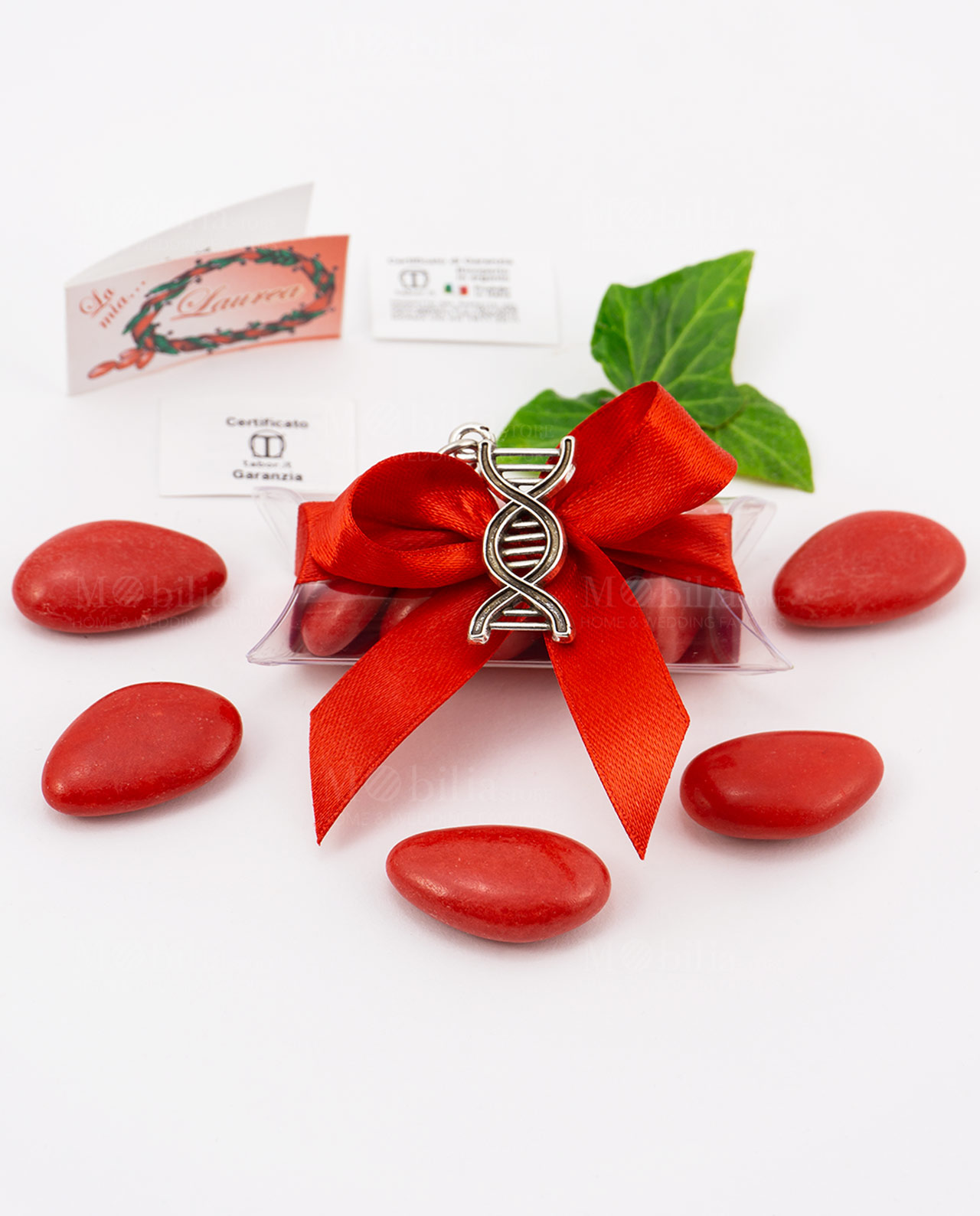 bomboniera ciondolo DNA microfusione placcato argento tabor su tubicino fiocco e confetti rossi