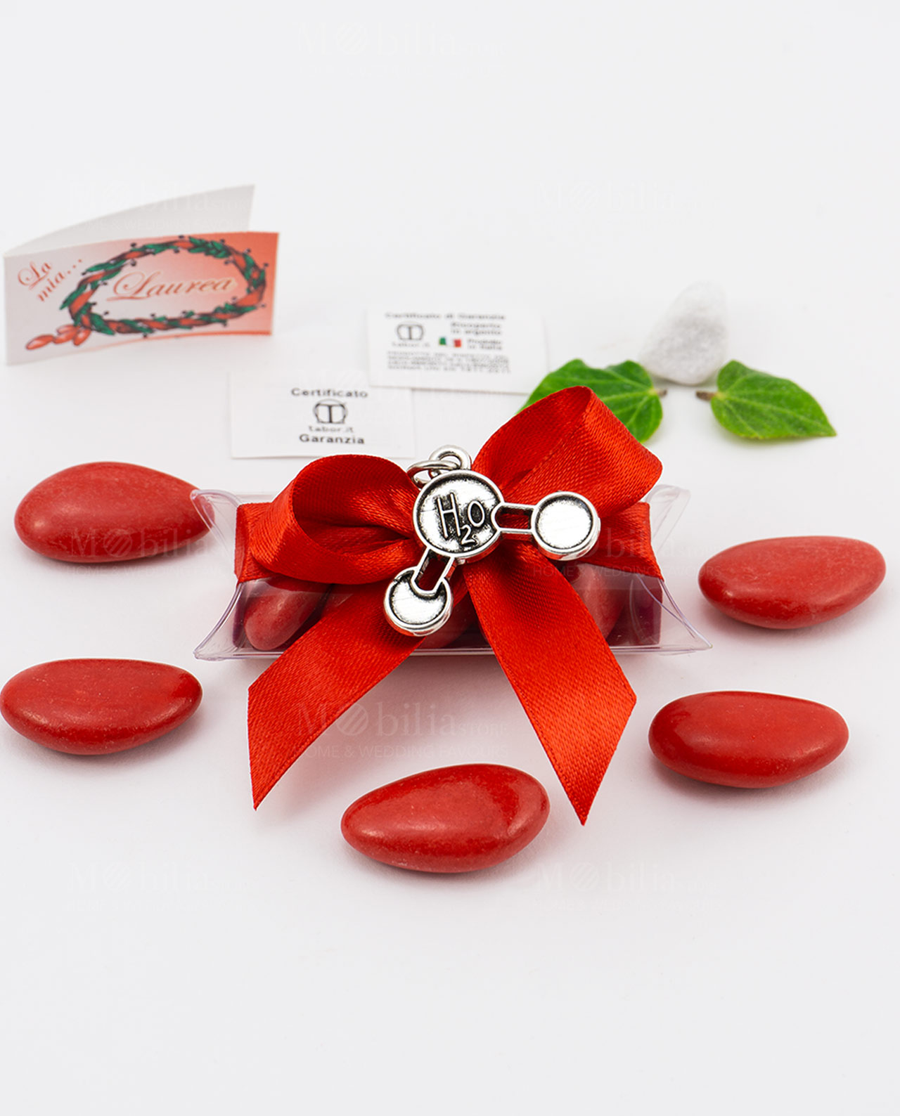 bomboniera ciondolo molecola h2o microfusione placcato argento tabor su tubicino fiocco e confetti rossi