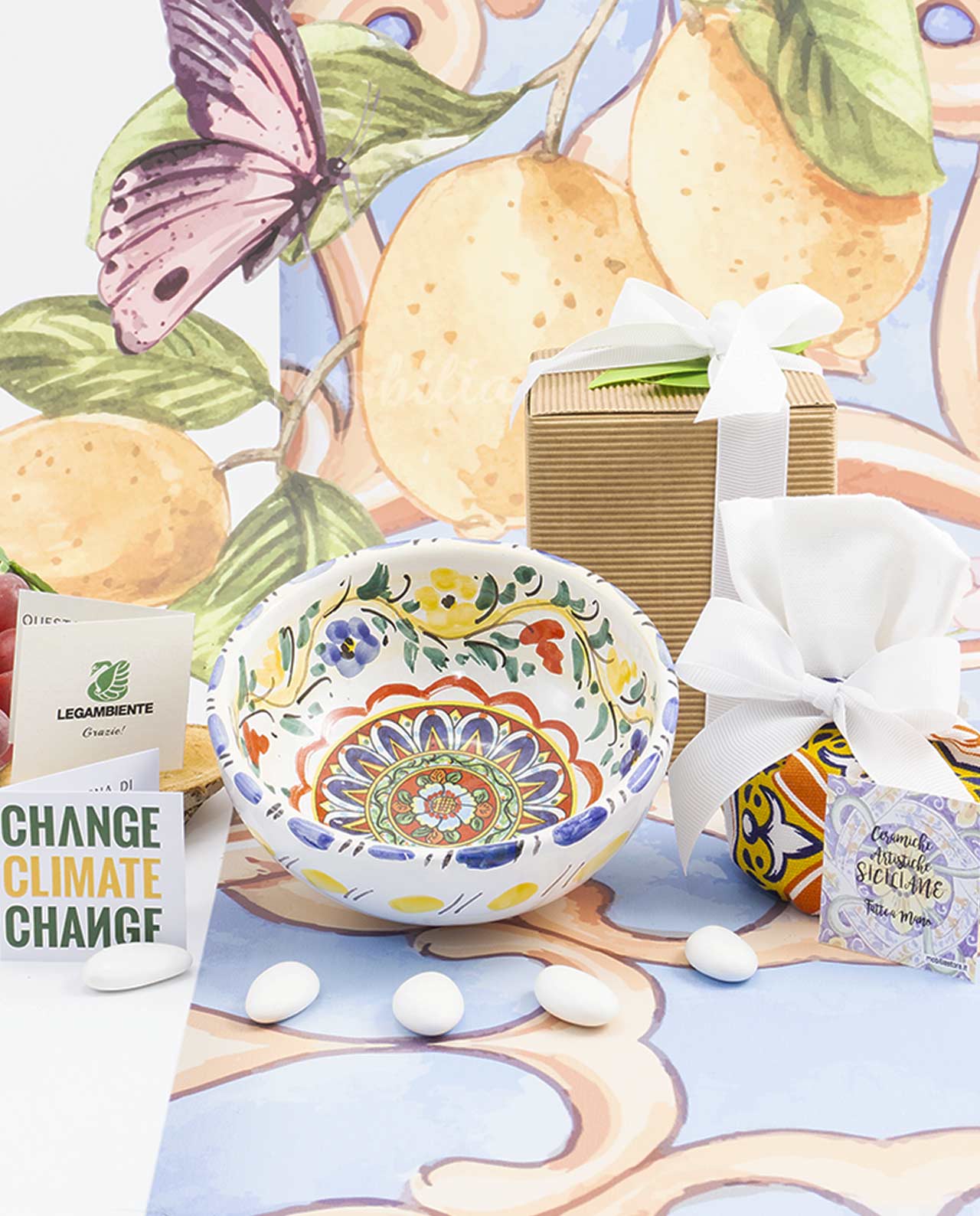 Bomboniera Legambiente Ciotola decoro maiolica con fiori in ceramica artigianale varie misure