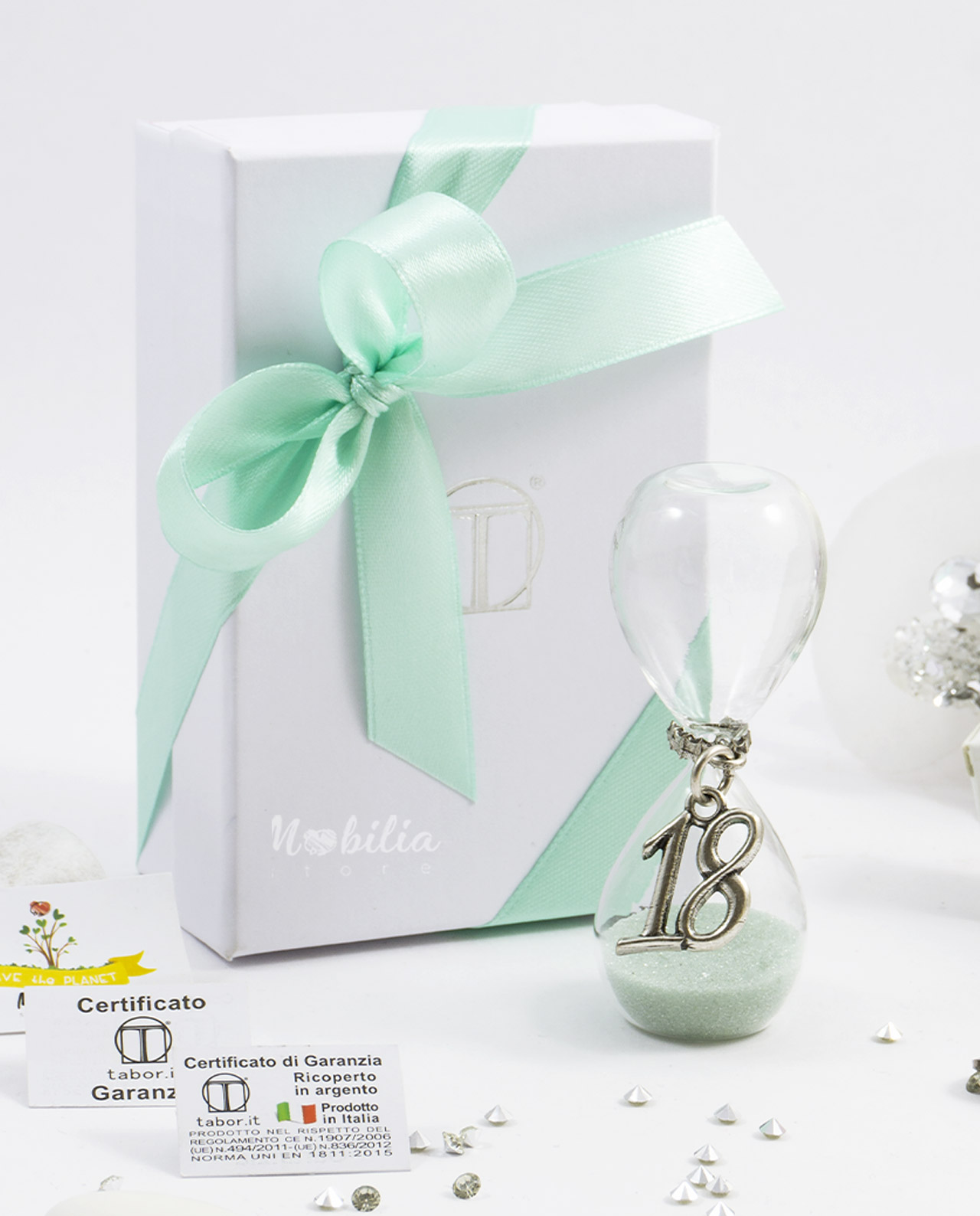 Bomboniera clessidra sabbia tiffany con ciondolo numero bagno argento Tabor