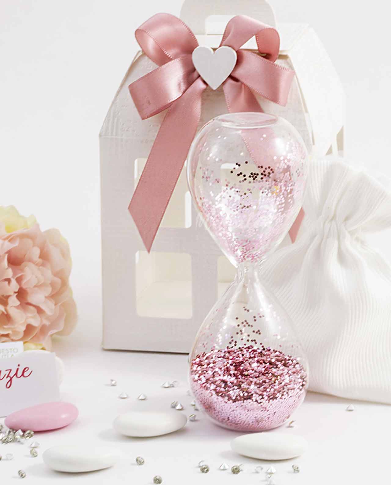 Bomboniera clessidra con glitter rosa Ad Emozioni