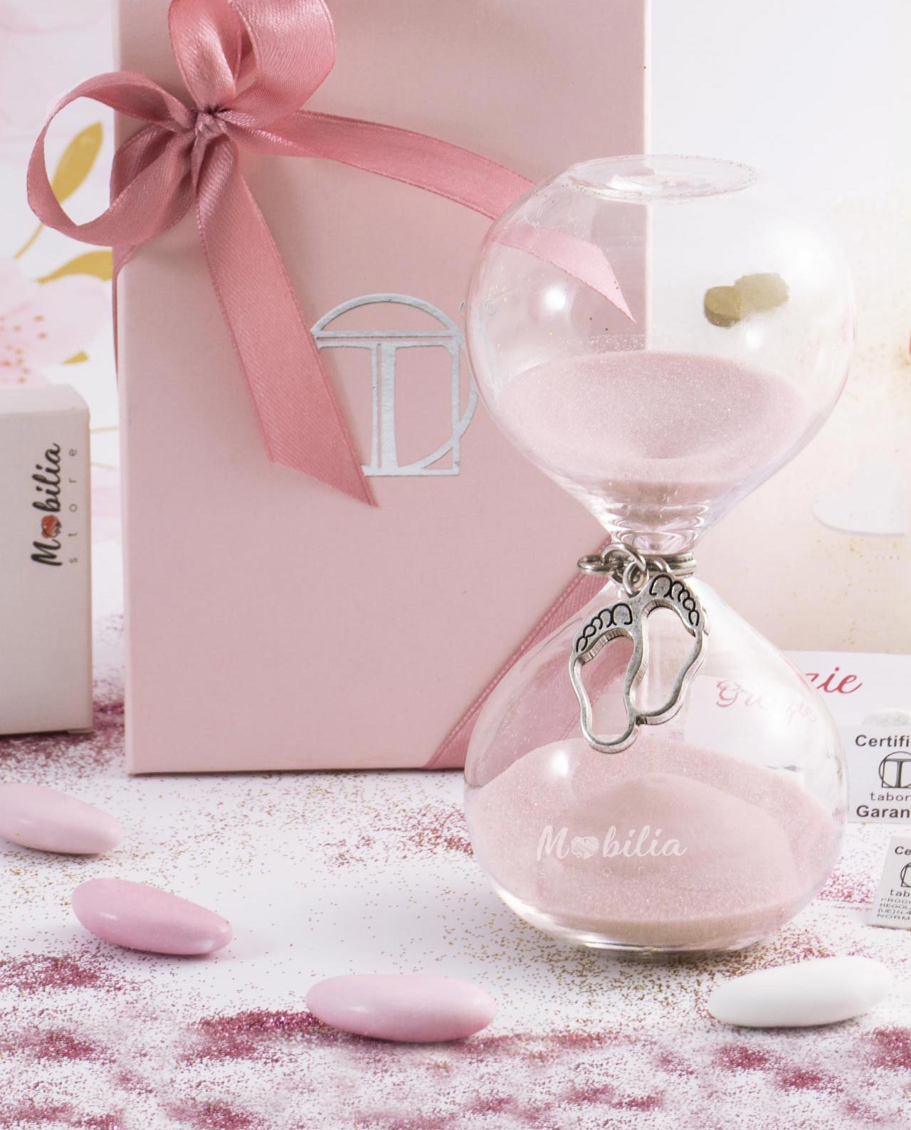 Bomboniera Clessidra sabbia rosa con vari ciondoli bimba bagno argento Tabor