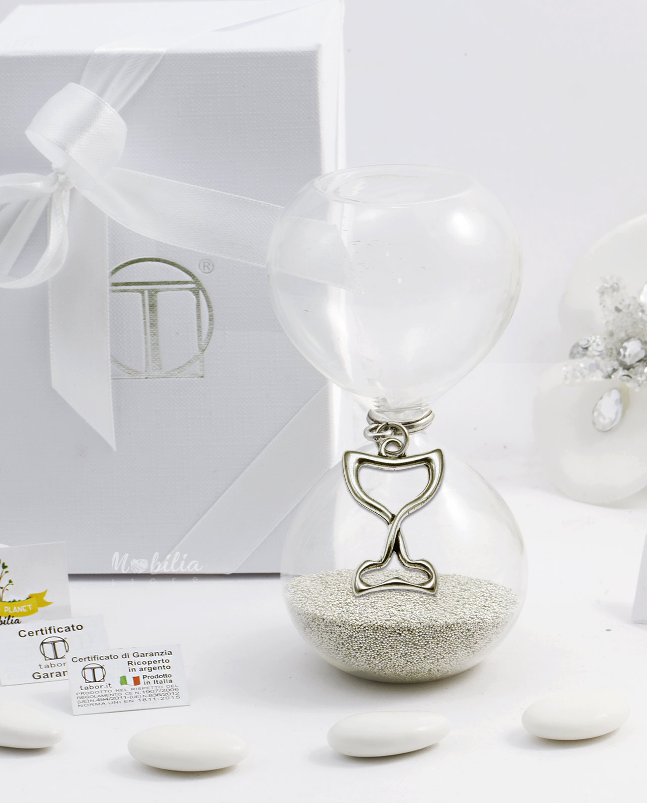 Bomboniera Clessidra sabbia argento con ciondolo calice eucaristico bagno argento Tabor varie misure