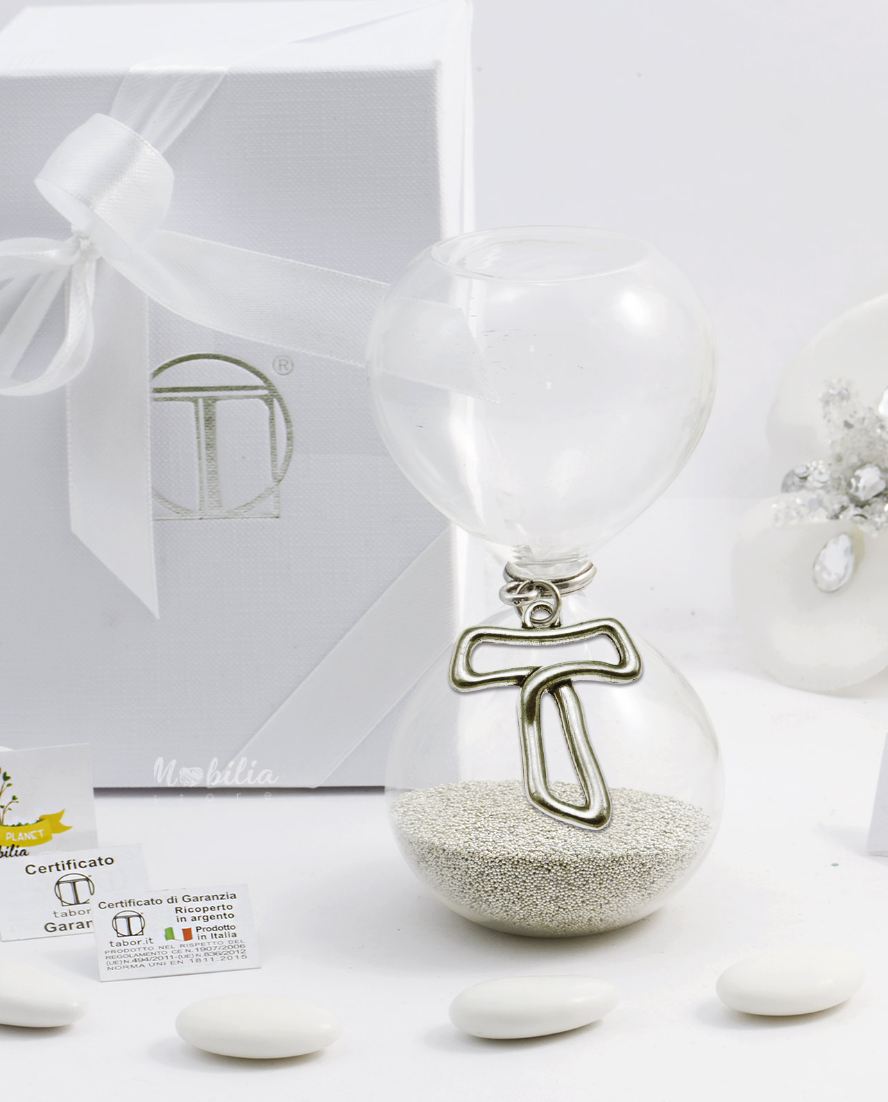 Bomboniera Clessidra sabbia argento con ciondolo croce tau bagno argento Tabor varie misure