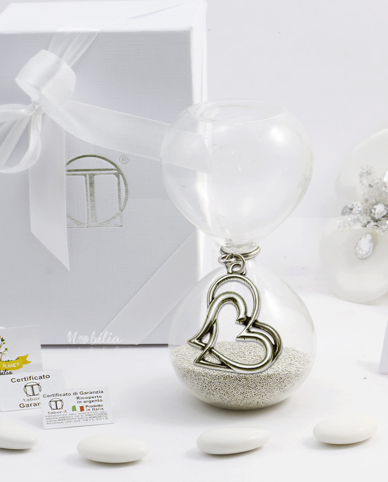 Bomboniera Clessidra sabbia argento con ciondolo cuori intrecciati bagno argento Tabor varie misure