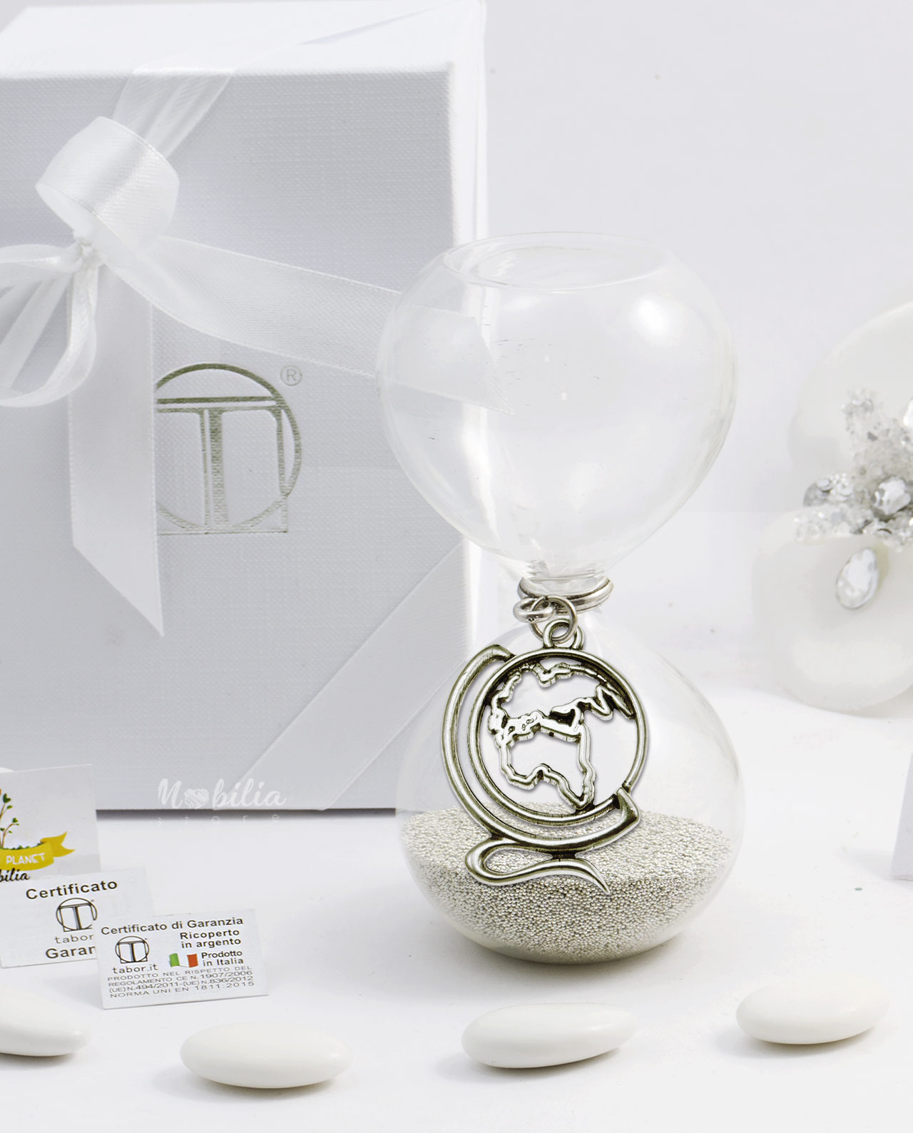 Bomboniera Clessidra sabbia argento con ciondolo mappamondo bagno argento Tabor varie misure