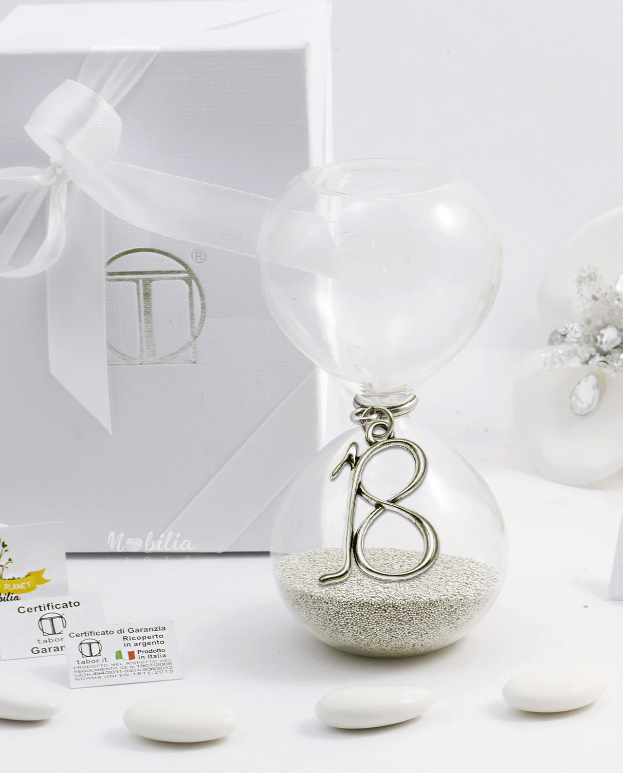 Bomboniera Clessidra sabbia argento grande con ciondolo 18 bagno argento Tabor