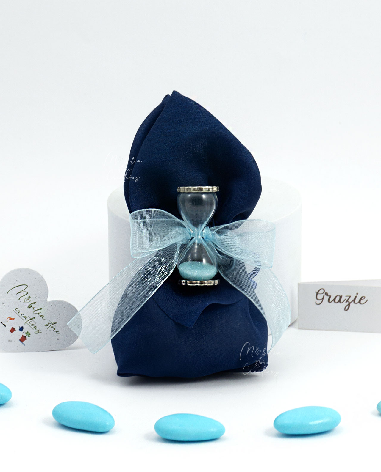 Mini clessidra azzurra con basi personalizzabili Tabor su Sacchetto