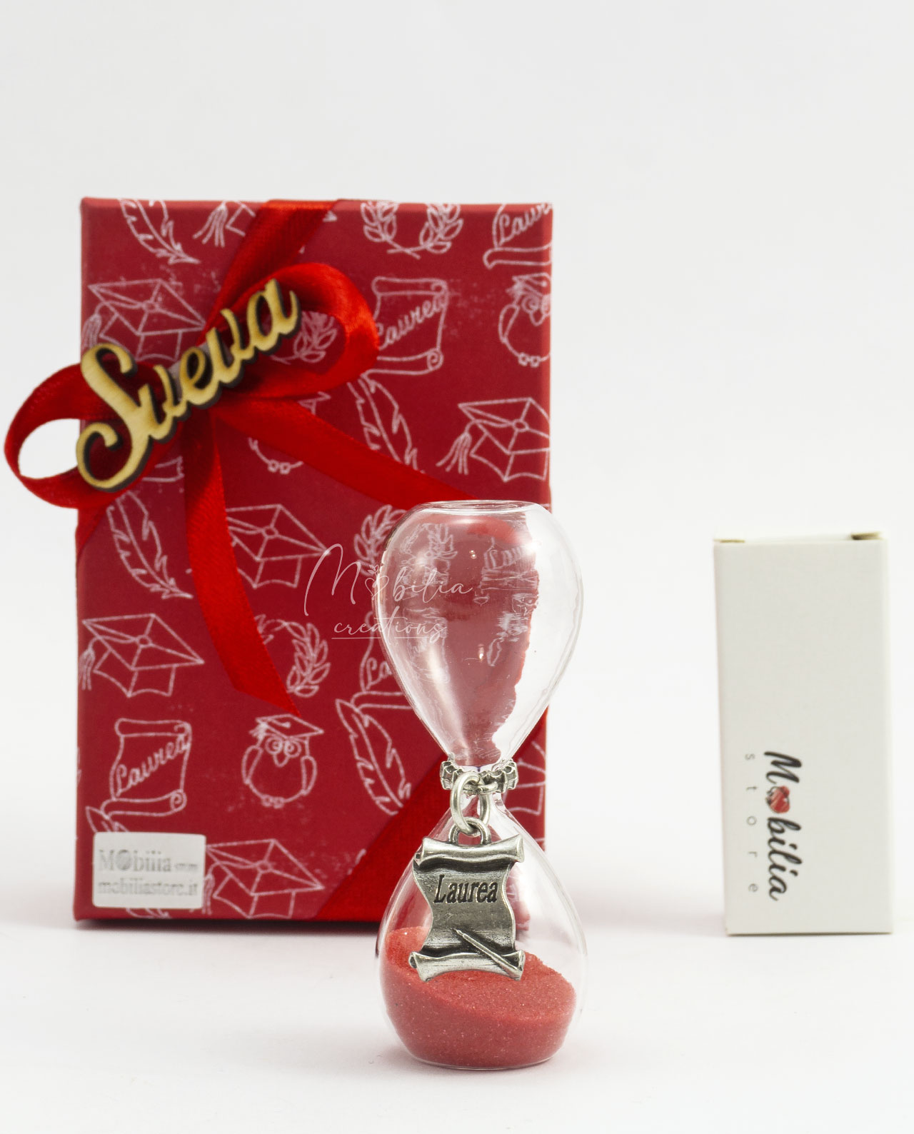 Bomboniera clessidra sabbia rossa con ciondolo laurea bagno argento Tabor e scritta personalizzata