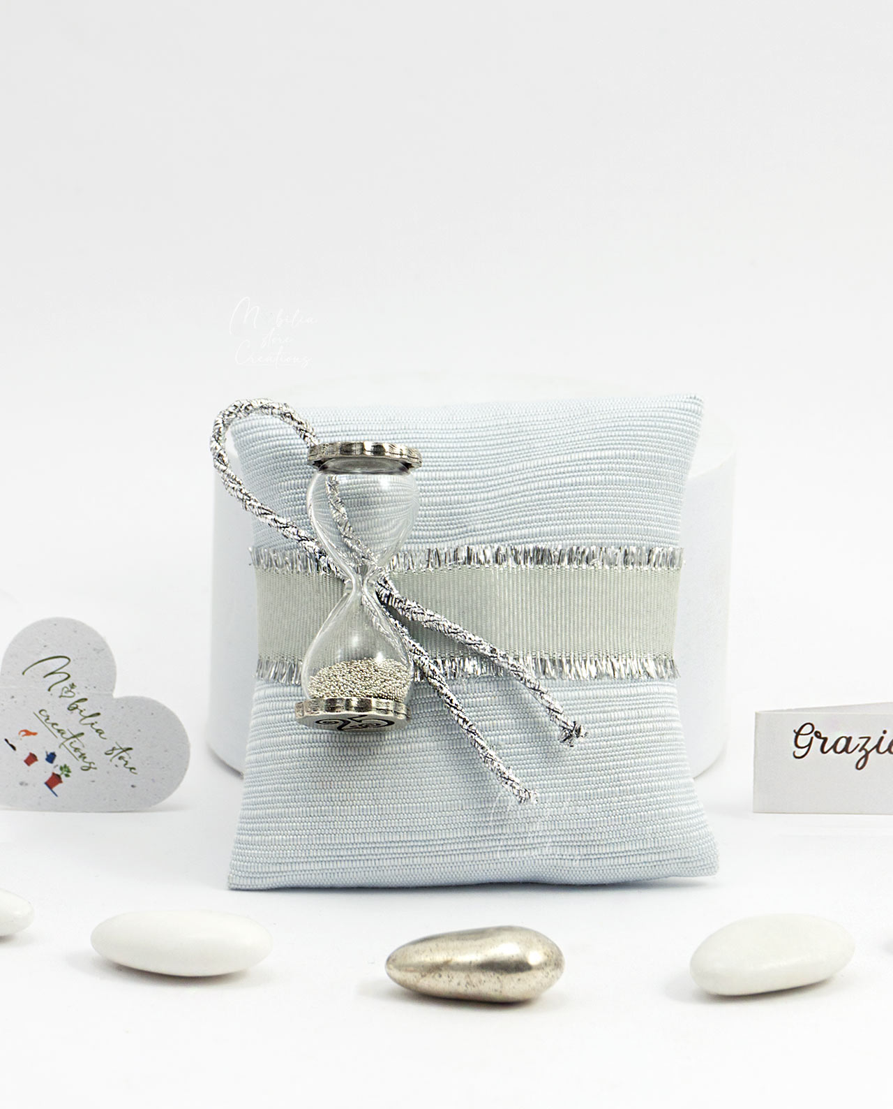 Mini clessidra argento con basi personalizzabili Tabor su Sacchetto