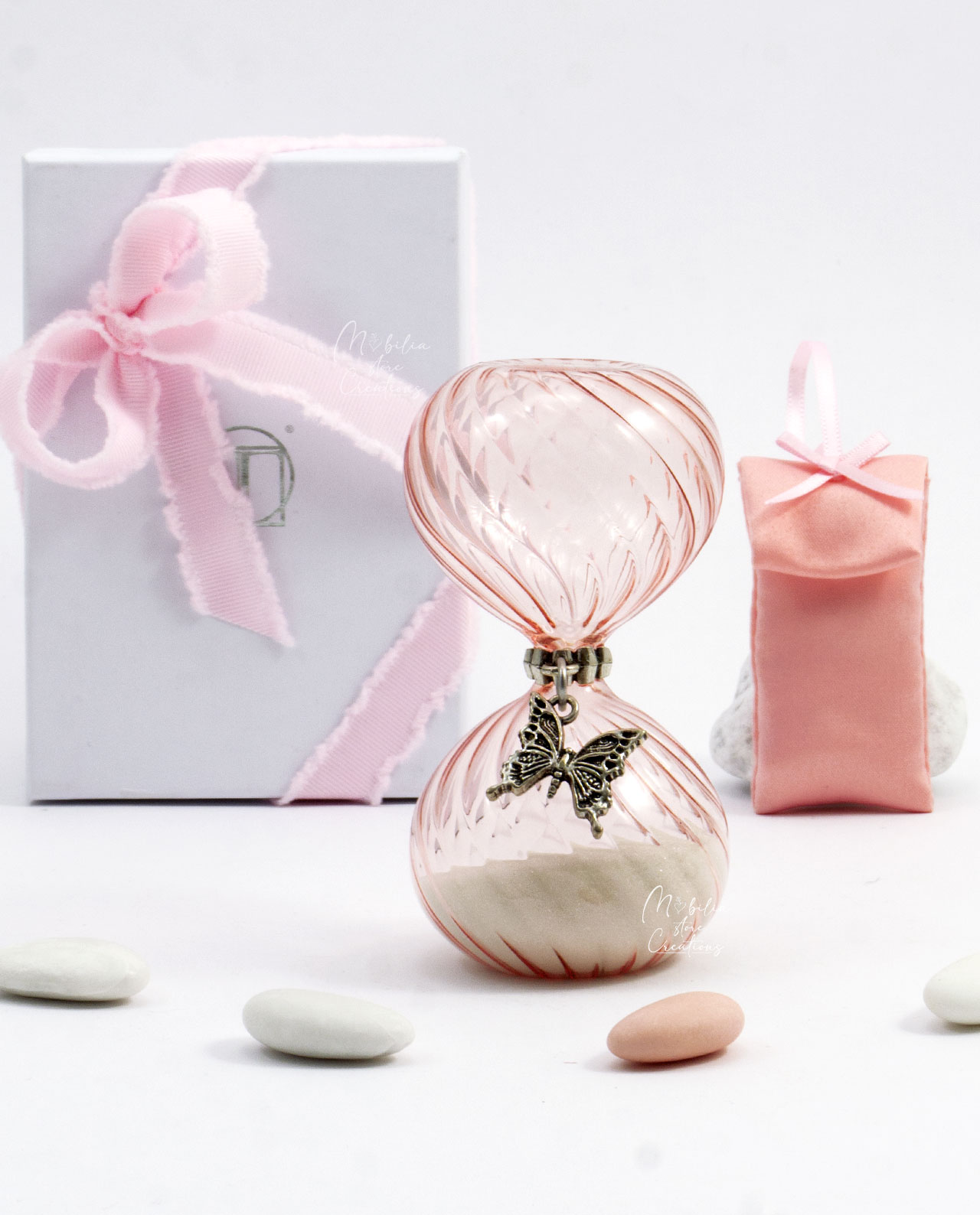 Bomboniera clessidra a onde rosa con ciondolo bagno argento Tabor