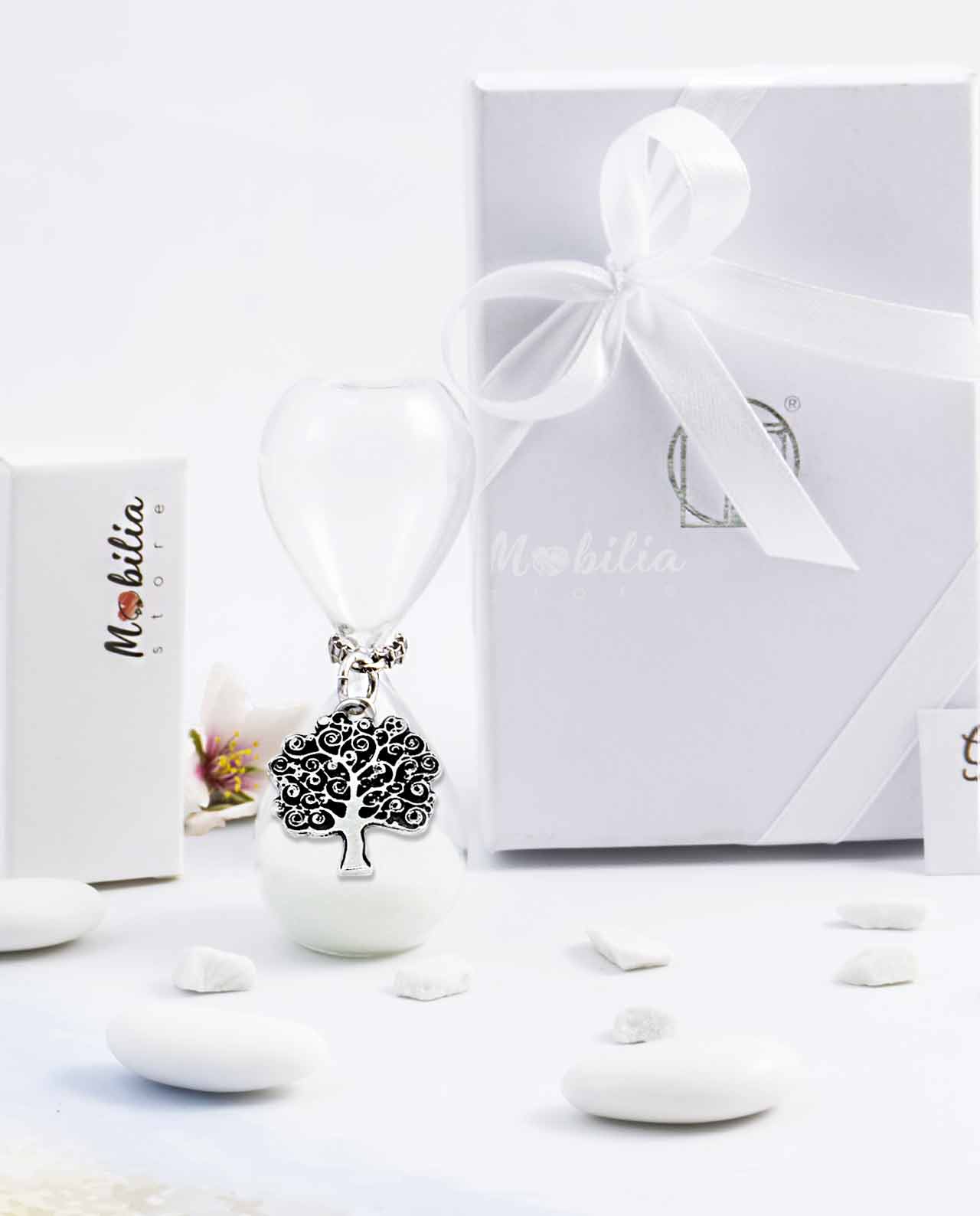 Bomboniera clessidra sabbia bianca con ciondolo albero della vita bagno argento Tabor