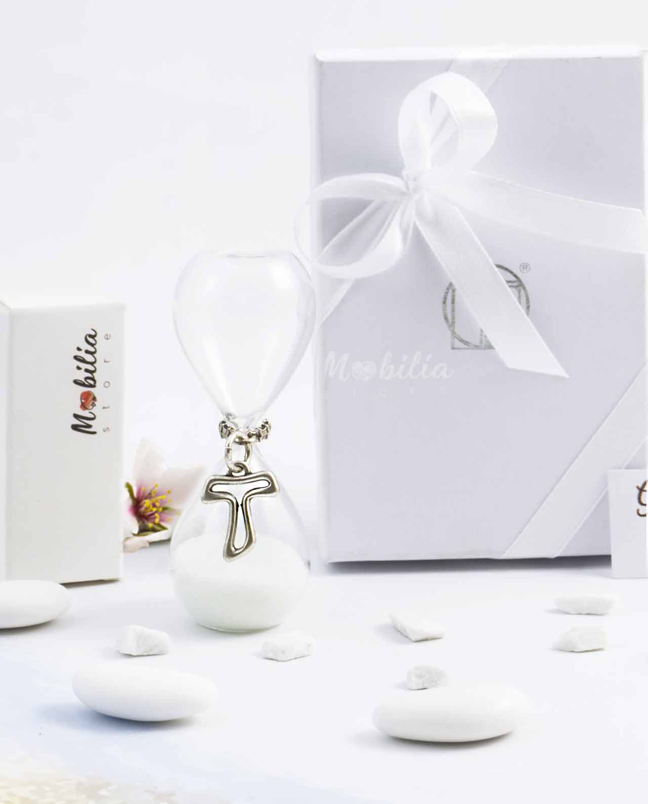 Bomboniera clessidra sabbia bianca con ciondolo sacro bagno argento Tabor