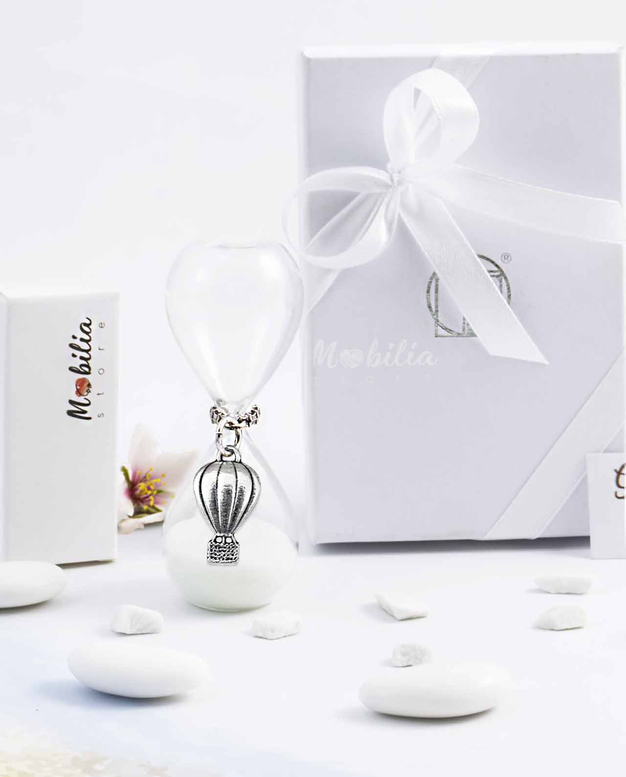 Bomboniera clessidra con ciondolo tema viaggio bagno argento Tabor