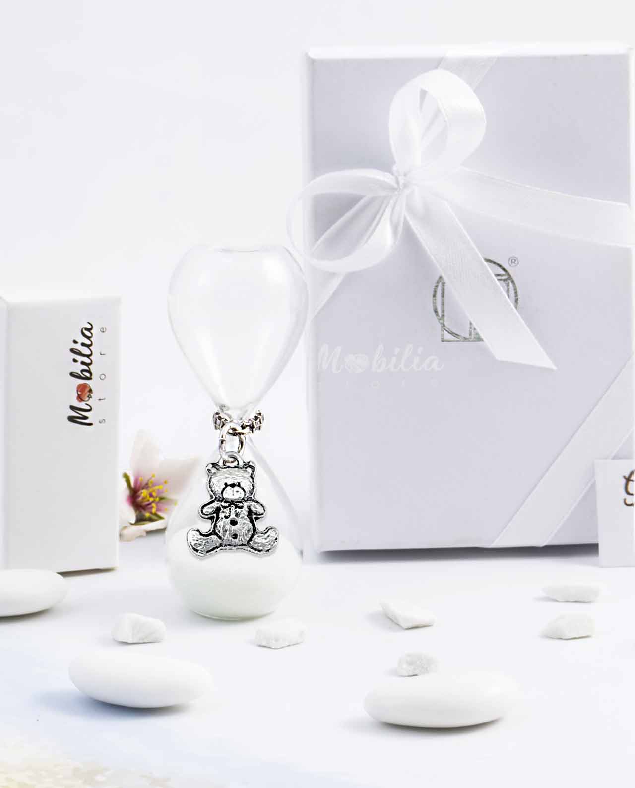 Bomboniera clessidra sabbia bianca con ciondolo orsetto bagno argento Tabor
