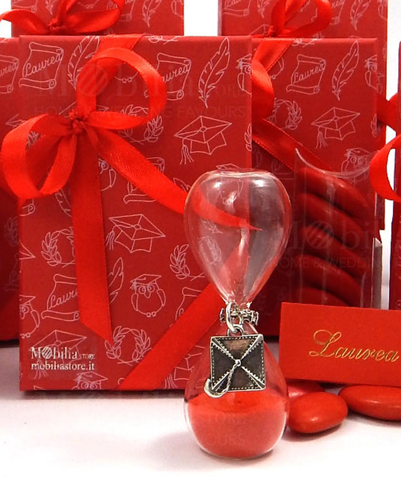 Bomboniera clessidra sabbia rossa con ciondolo laurea bagno argento Tabor