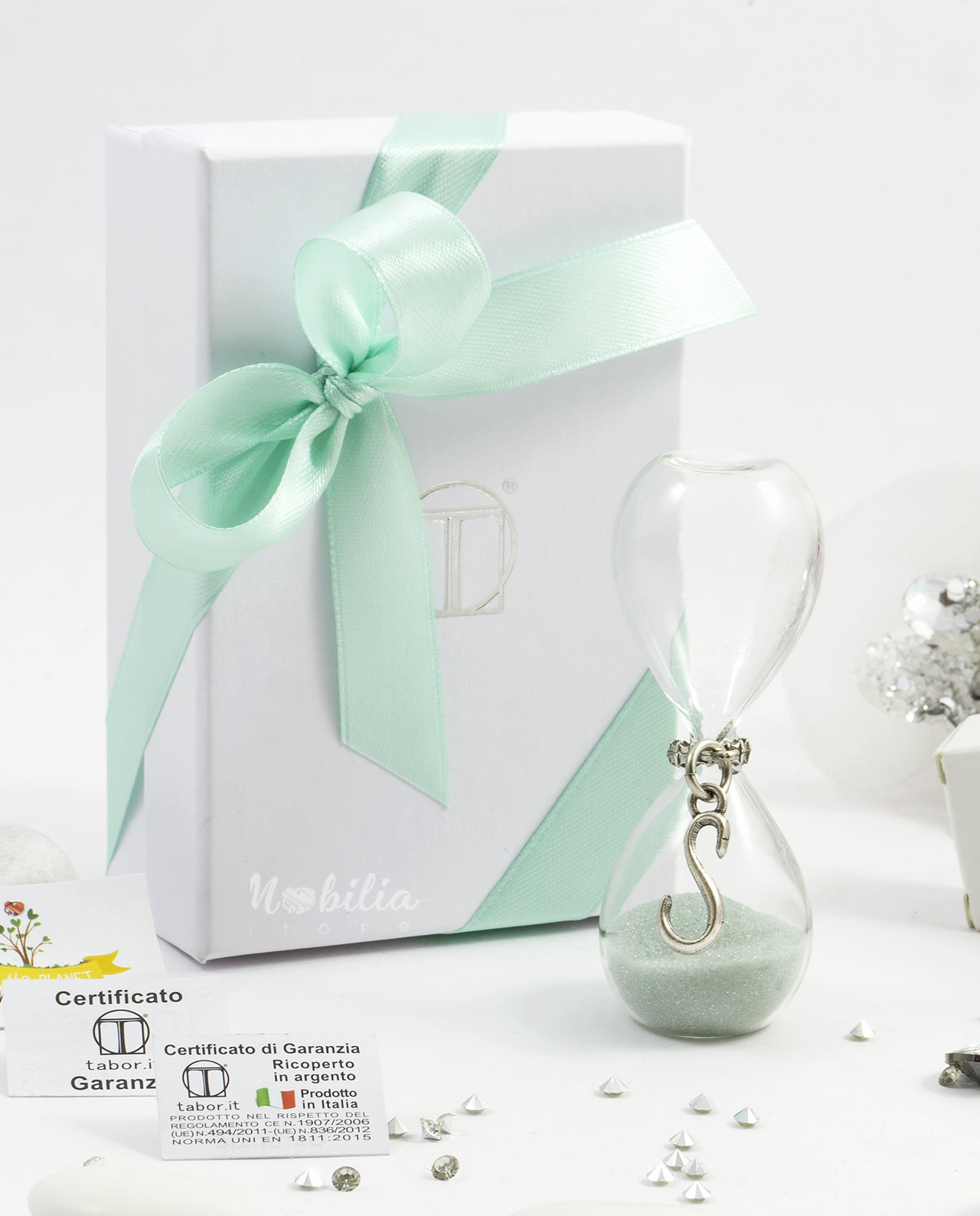Bomboniera clessidra sabbia tiffany con ciondolo lettera bagno argento Tabor