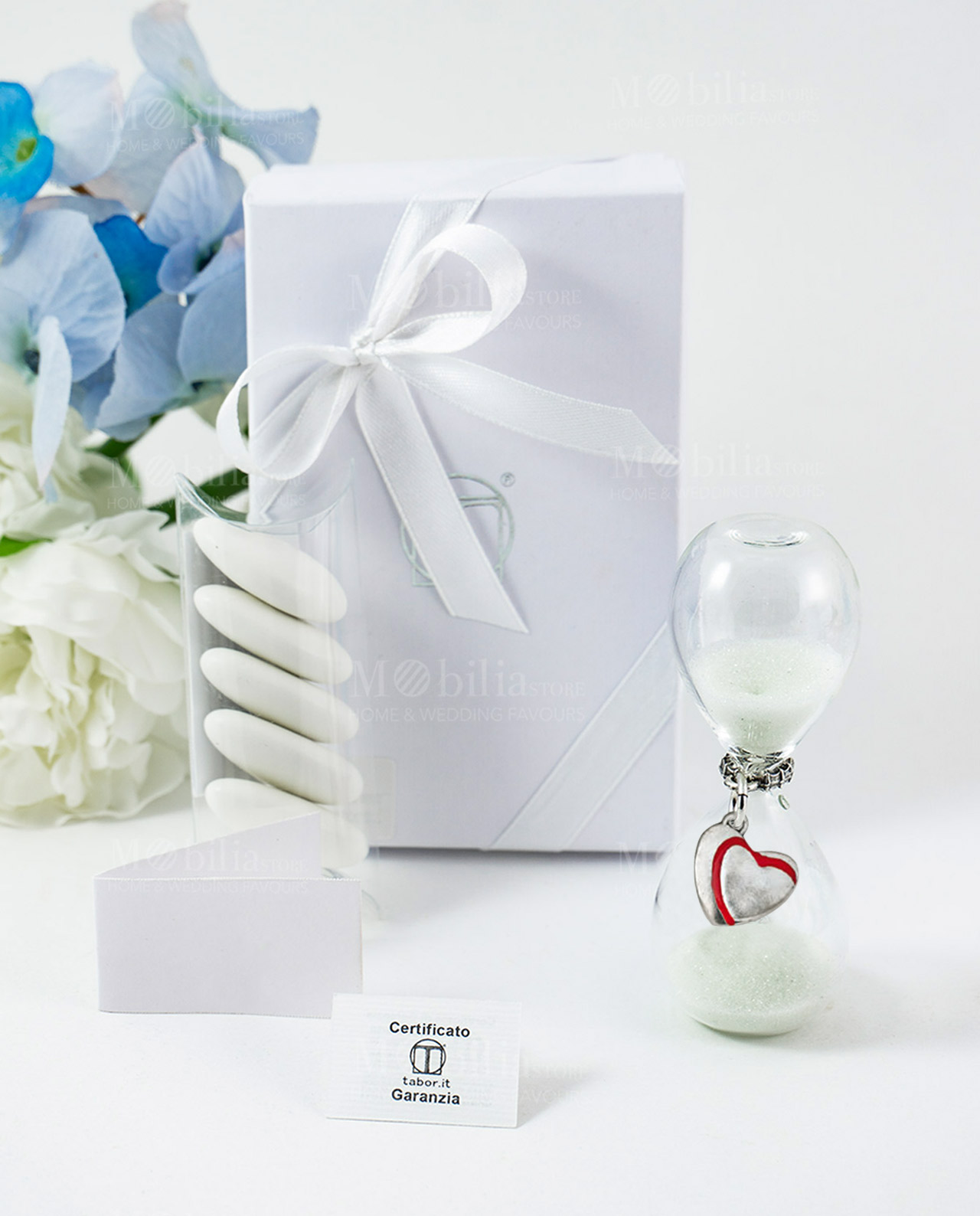 Bomboniera clessidra sabbia bianca con ciondolo cuore bagno argento Tabor smaltato