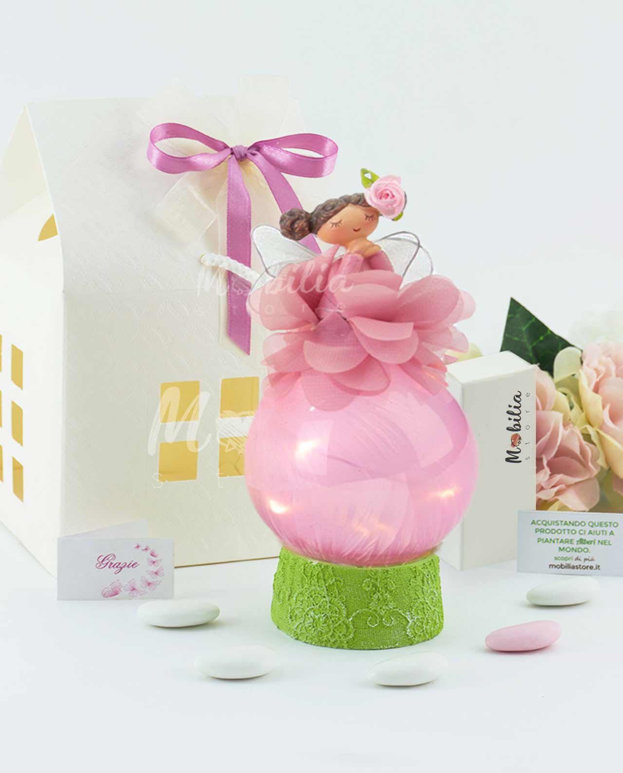 Bomboniera Fatina fiore su sfera led assortita