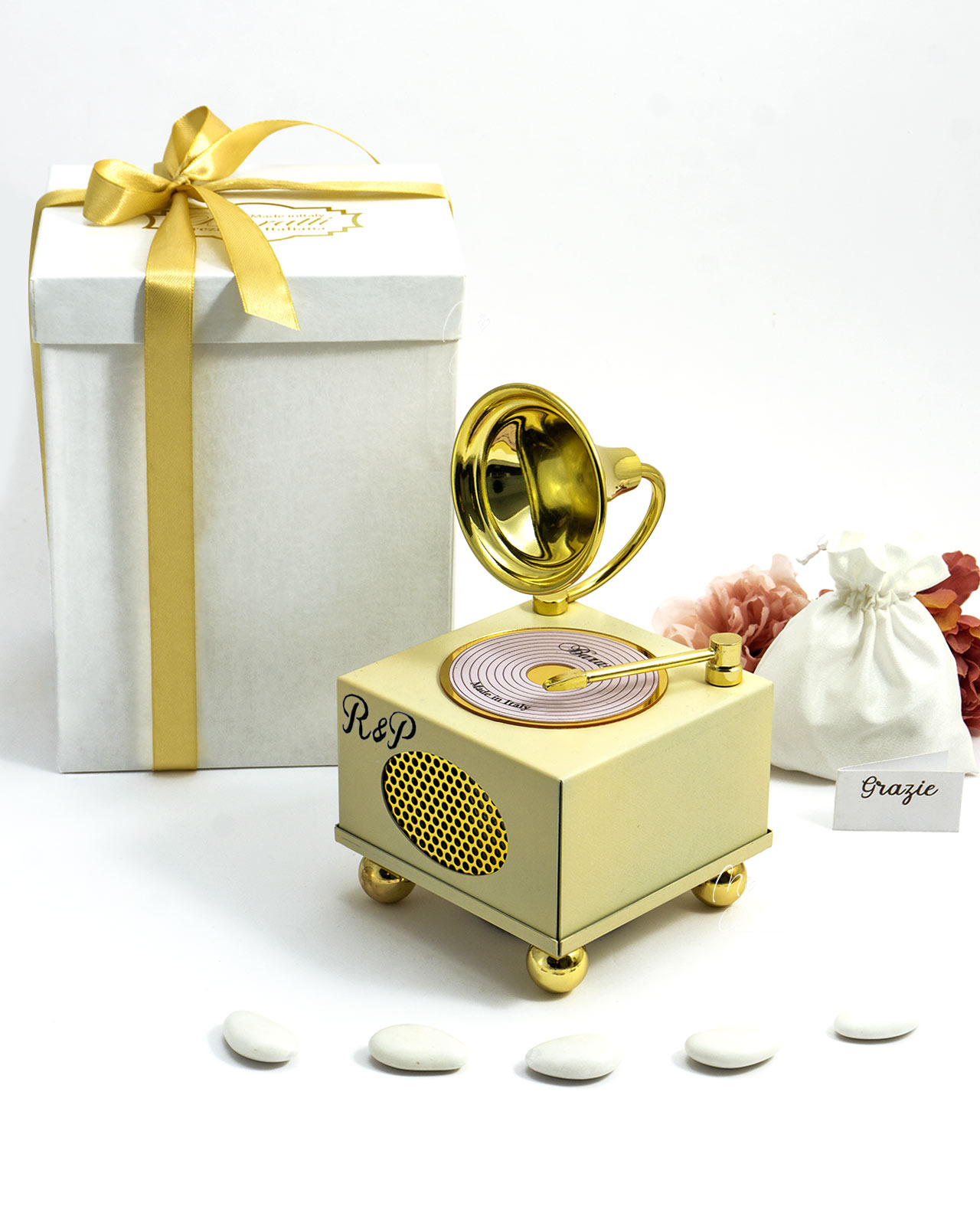 Bomboniera Grammofono bluetooth in metallo beige e oro