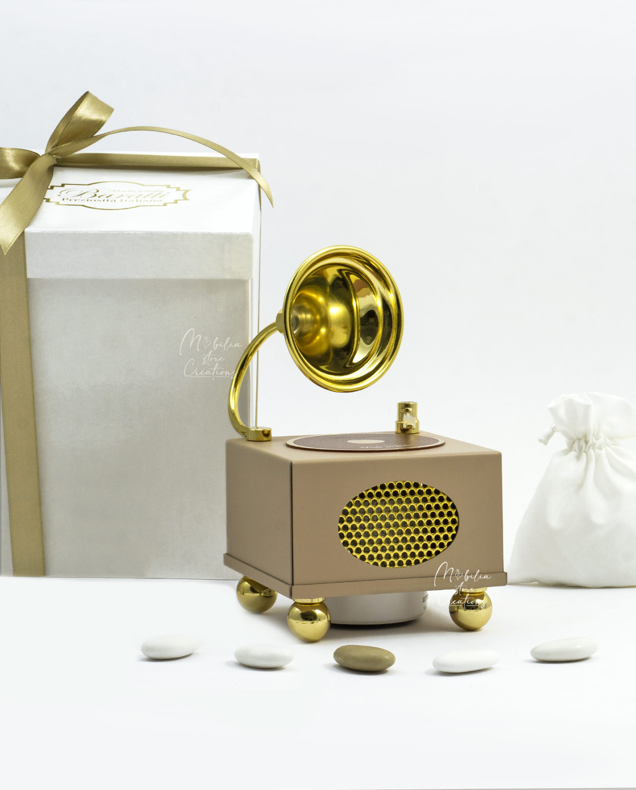 Bomboniera Grammofono bluetooth in metallo nocciola e oro