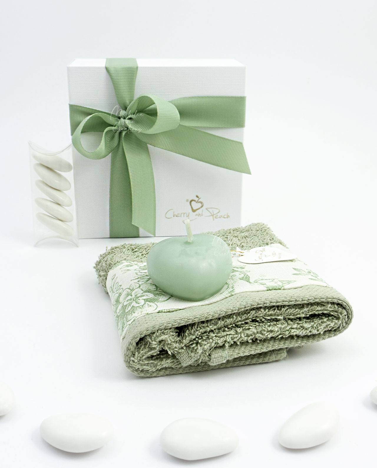 Bomboniera Set lavetta in cotone e candela cuore Cherry and Peach